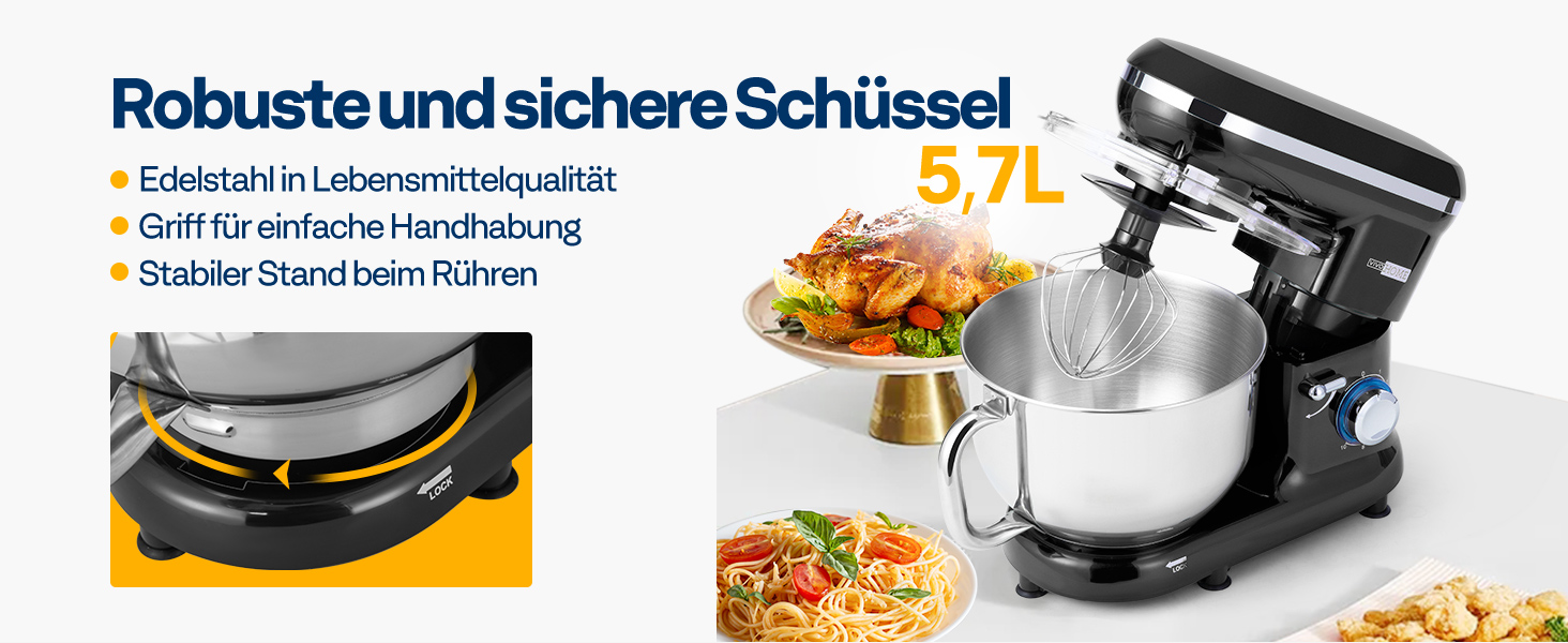 Кухонна машина VIVOHOME 5.7L, 660W з 10 швидкостями, міксер для тіста, чорна