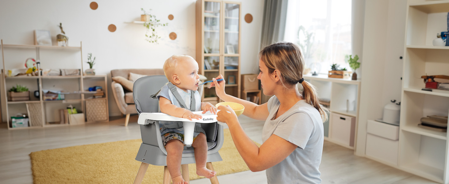 Дитячий стільчик Ezebaby 6 в 1 для годування, сірий. З підставкою для ніг, ременем безпеки та знімним столиком. Від 6 місяців.