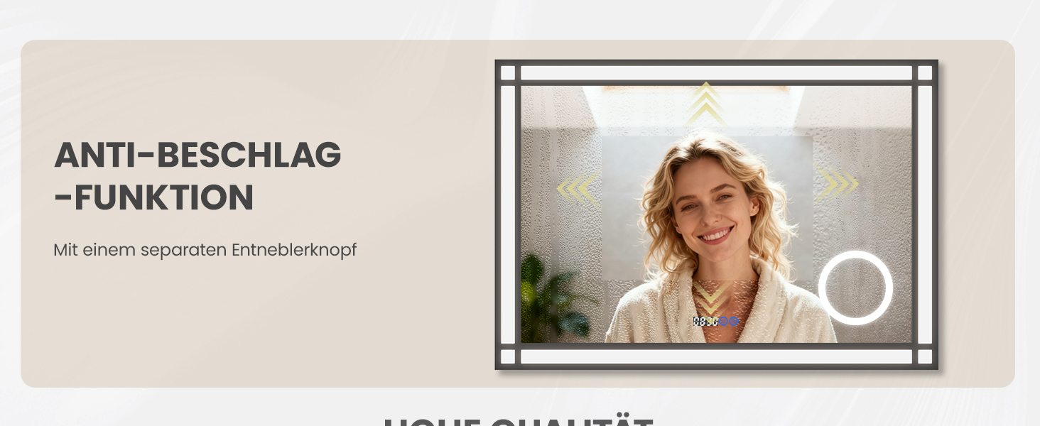 LED дзеркало для ванної кімнати AQUABATOS 50x70 см з підсвічуванням, ефект вікна, сенсорне керування, регулювання яскравості, антизапотівальне покриття, чорний алюмінієвий каркас, індустріальний стиль, годинник, дзеркало для макіяжу