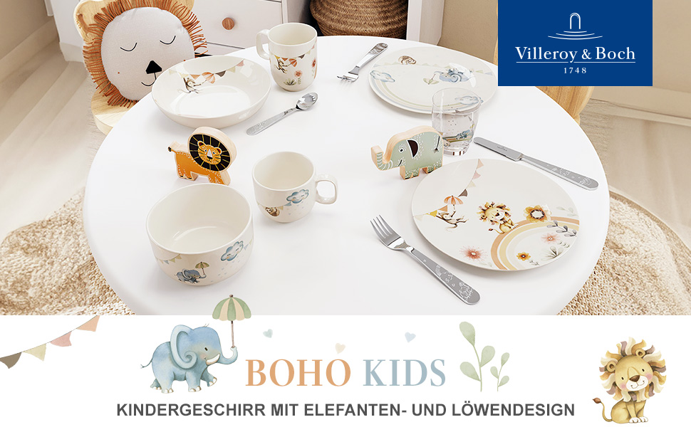Набір дитячого посуду Villeroy & Boch Boho Kids 'Roar like a lion' (3 шт.) Бежевий, для миття в посудомийній машині, з мікрохвильовкою, з зображенням лева та мавпи, преміум-посуд
