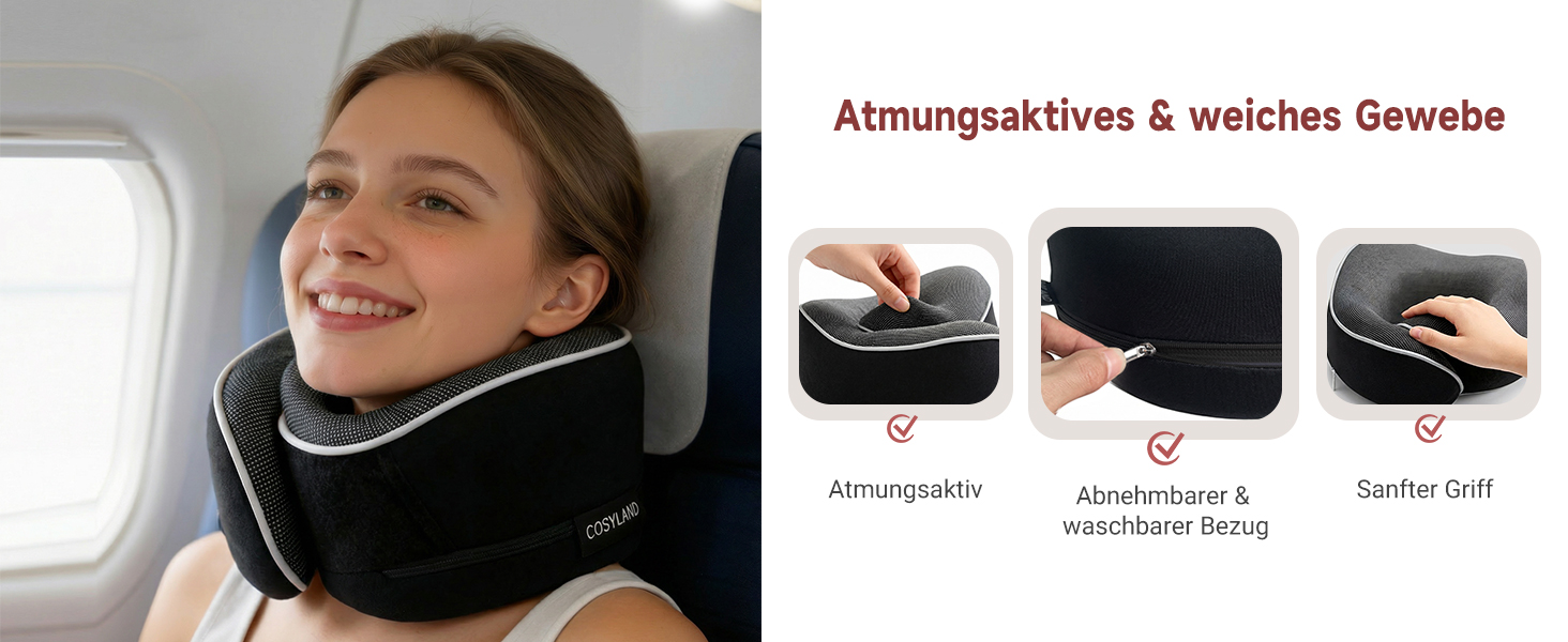 Подорожня подушка для шиї COSYLAND з ефектом пам'яті (Memory Foam) для літака та авто, ергономічна підставка 360°, чорна (набір: маска для сну, беруші, чохол)