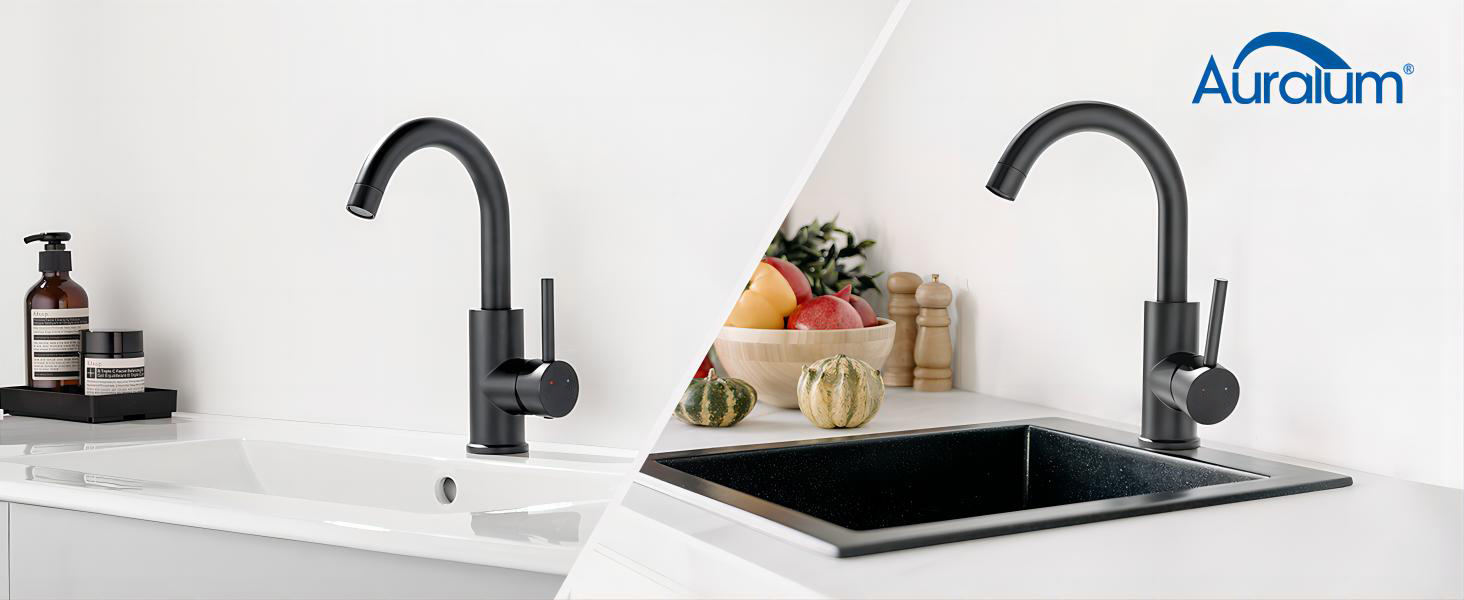 Чорний змішувач для ванної/кухні Auralum з поворотним гусаком 360°, з нержавіючої сталі, з підключенням 60 см, однорідний