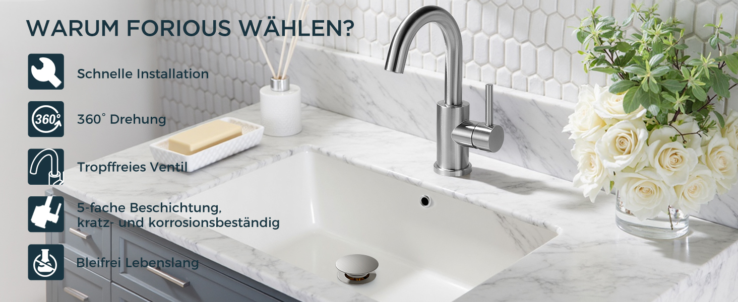Змішувач для ванної кімнати/кухні FORIOUS Hoch 360° з нержавіючої сталі, з підйомом 175 мм, з підключенням до гарячої та холодної води, для мийки, для дому та кемпінгу