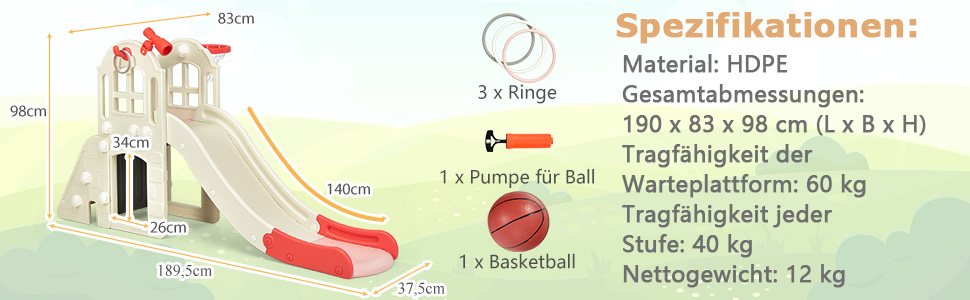 Дитячий ігровий комплекс COSTWAY 6-в-1: гірка, драбинка, баскетбольний кошик, кільця, тунель, телескоп (Рожевий)