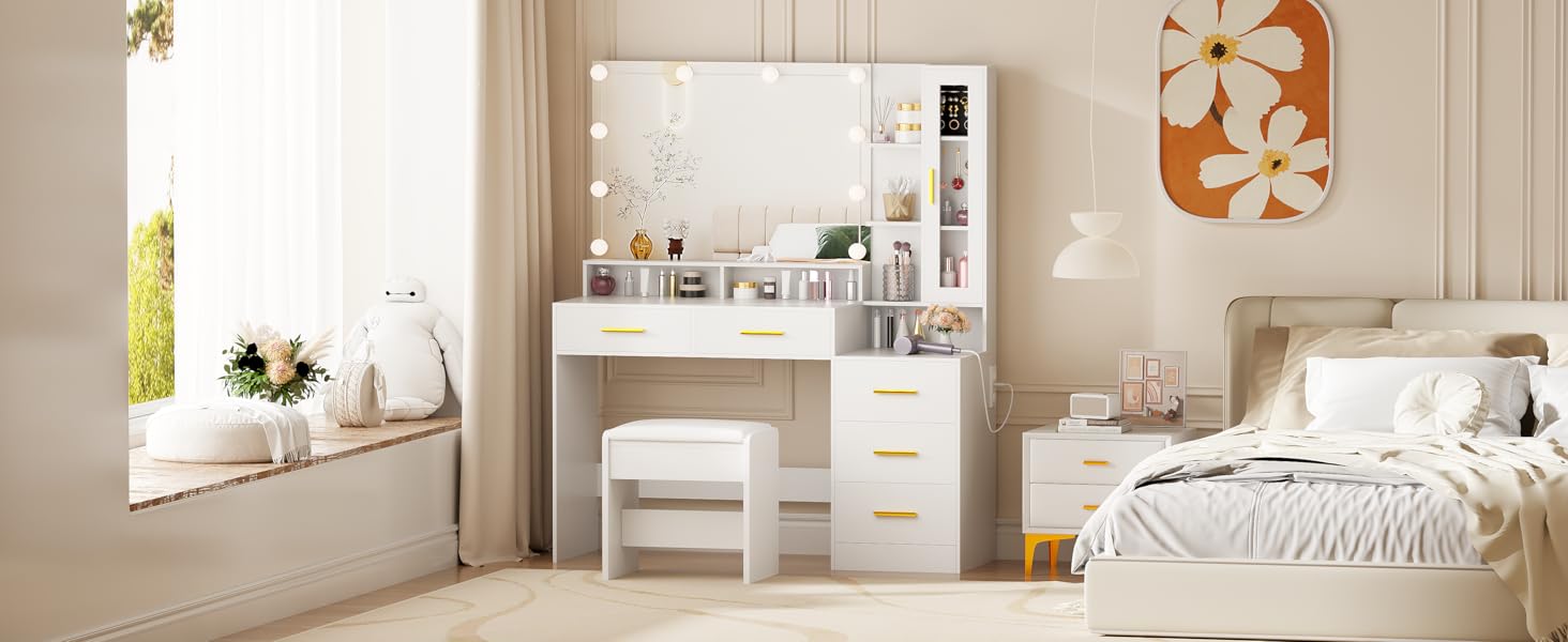 Великий туалетний столик ANWBROAD з LED-підсвічуванням (3 кольори) та розетками, білий, з дзеркалом та пуфом, 5 ящиків, скляні дверцята, 140x115x40 см, BDT68W