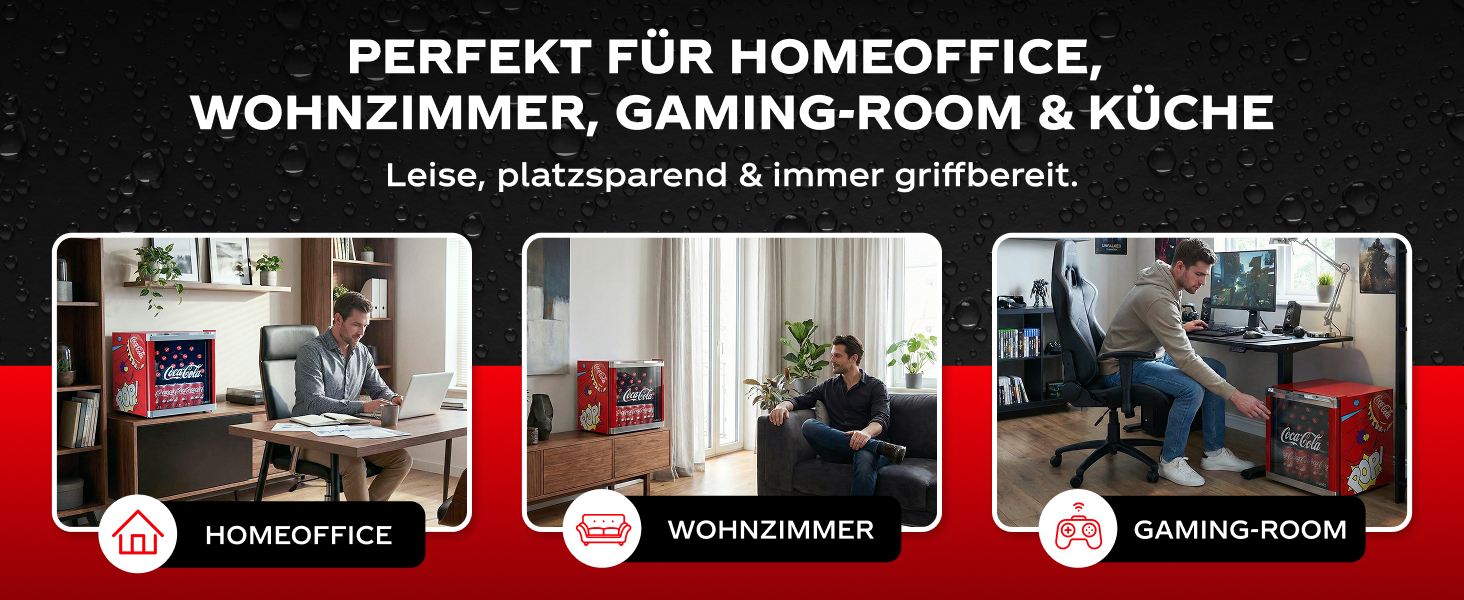 Міні-холодильник для напоїв °CUBES Original Coca-Cola PopArt червоний (48л) з glass-дверцяма, енергоефективний та безшумний — для офісу, геймінгу та вечірок