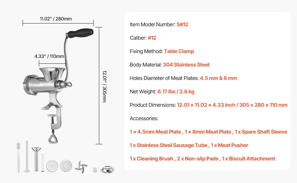М'ясорубка ручна VEVOR з нержавіючої сталі 304, диски 4.5/8 мм, для фаршу та ковбас, 38 см, срібляста