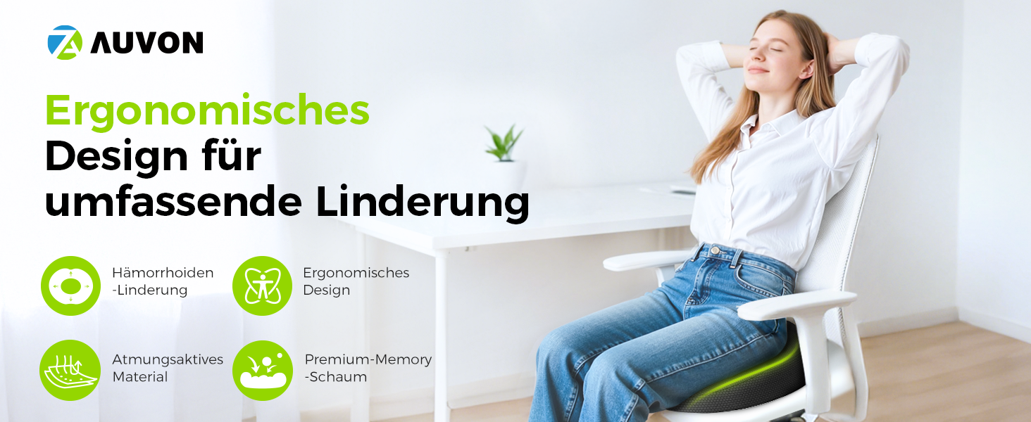 Ортопедична подушка для сидіння AUVON кругла з подвійною U-подібною формою для копчика та геморой, розвантажувальна подушка для офісного крісла та авто, 47*37*7.8 см