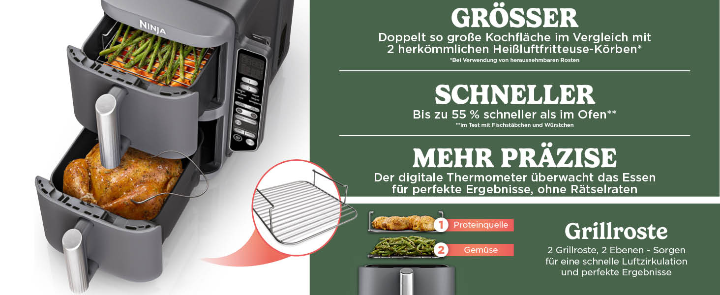 Вертикальна аерофритюрниця Ninja Double Stack XL Air Fryer 9,5 л з цифровим термометром, 6 функцій приготування, 2 рівні, сіра SL451EU