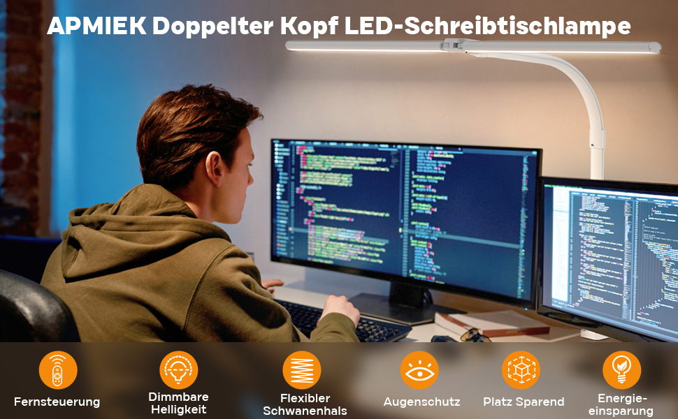LED настільна лампа Doppelkopf з регулюванням яскравості, 24W, 80см, з клемою, денне світло, гнушкий шийка, для офісу, захист очей, з тримачем для телефону, чорна