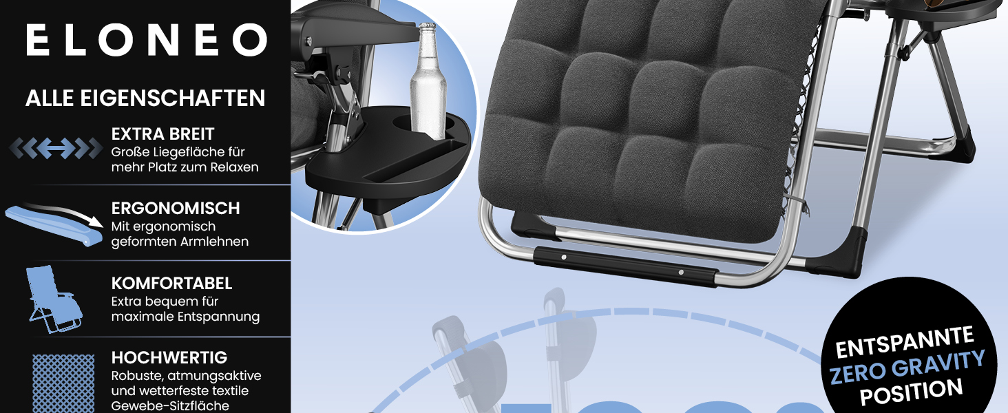 Лежак ELONEO розкладний преміум з подушкою, сонячний лежак для саду, вологостійкий, широка спинка, регульована, з подушкою для шиї та тримачем для напоїв, антрацит