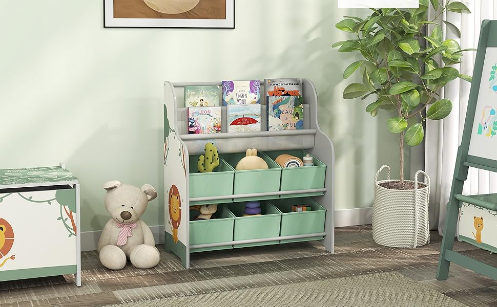 Організатор для іграшок AIYAPLAY з 6 коробками з фетру, 2 полиці, для дитячої кімнати, 63x30x71 см, зелений