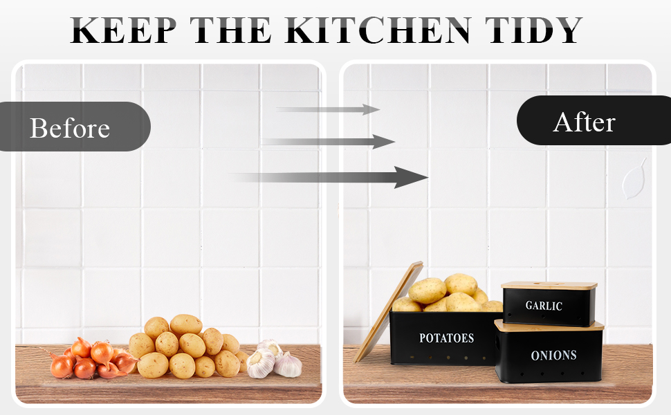 Набір контейнерів для зберігання картоплі, цибулі та часнику [3 шт] з бамбуковим кришками | З вентиляцією та захистом від світла | Чорний