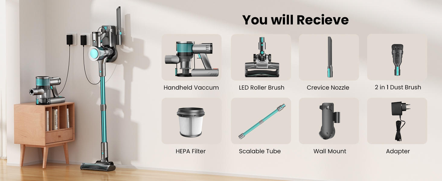 Бездротовий пилосос Dzaki 45000Pa з акумулятором, дисплеєм та антизаплутувальною насадкою для твердих поверхонь, килимів, шерсті тварин та авто (блакитний)