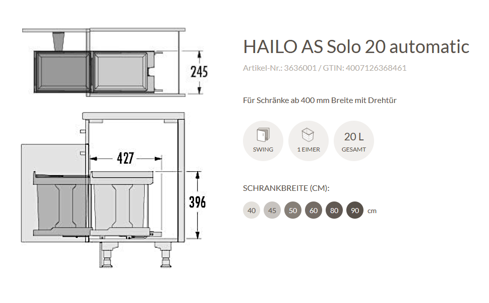 Автоматична модель Hailo as Solo для шаф шириною від 400 мм і більше 20 л темно-сіра