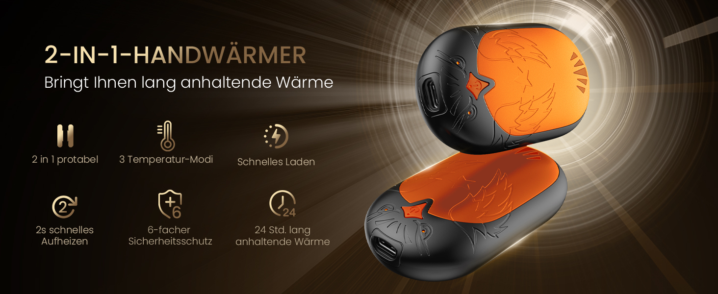 Електричні грілки для рук 2 шт. - USB перезаряджувані, 3 режими нагріву, 24 години тепла, для активного відпочинку взимку (Помаранчевий)