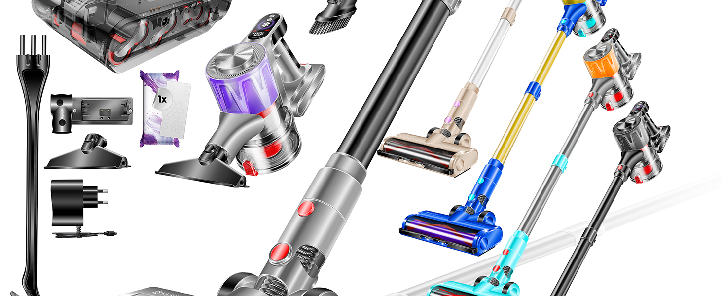 Бездротовий акумуляторний пилосос KESSER® з LED дисплеєм та аромакапсулою | Бездротовий пилосос без мішка з антизаплутаною насадкою, HEPA-фільтром, час роботи до 60 хвилин, для твердих поверхонь та килимів, чорний/червоний