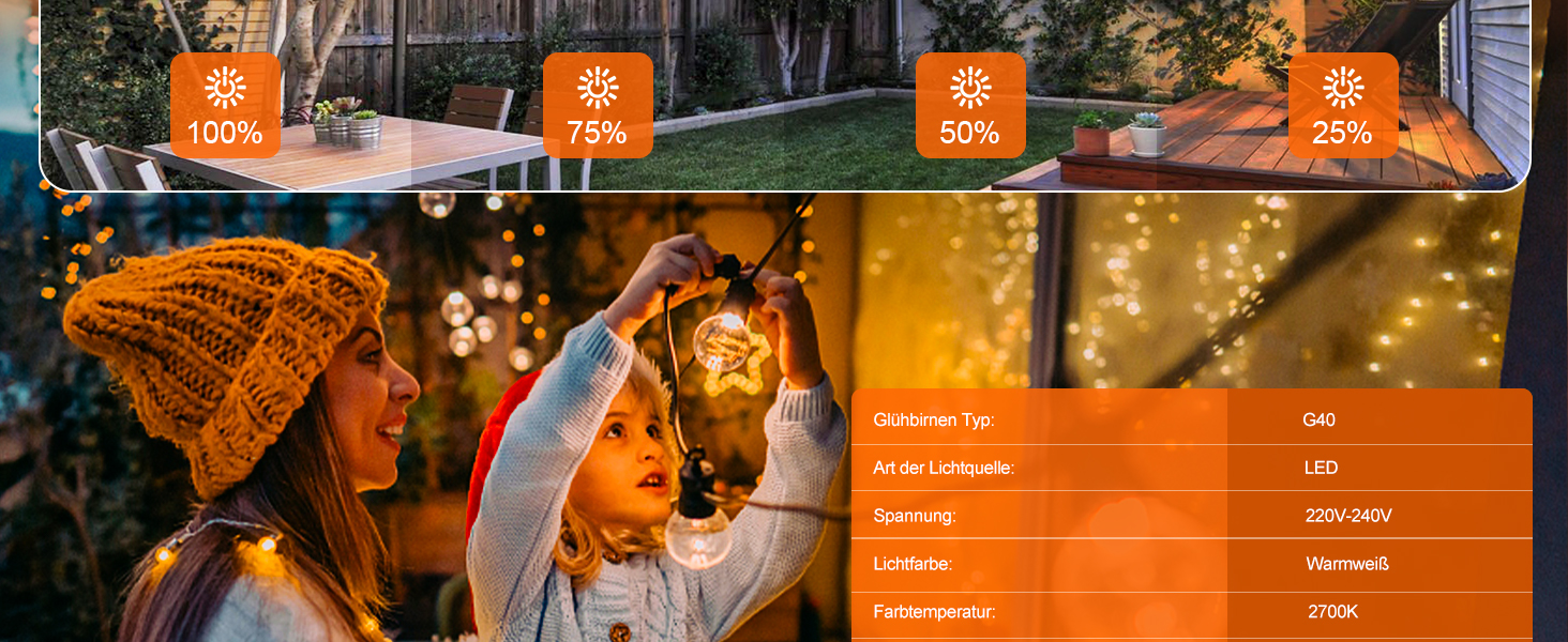 Льо́нтанка Kawaya 10 метрів, LED, для вулиці, 15+1 лампочки, IP65, вологостійка, тепле світло, для балкона, тераси, саду, весілля, заднього двору
