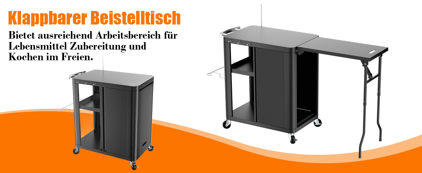 Гриль-возна Гриль-стіл з відкидним столиком, вулична кухня з гачками, полицею та шафкою, сервізний візок на колесах, чорний (143×37×89 см)