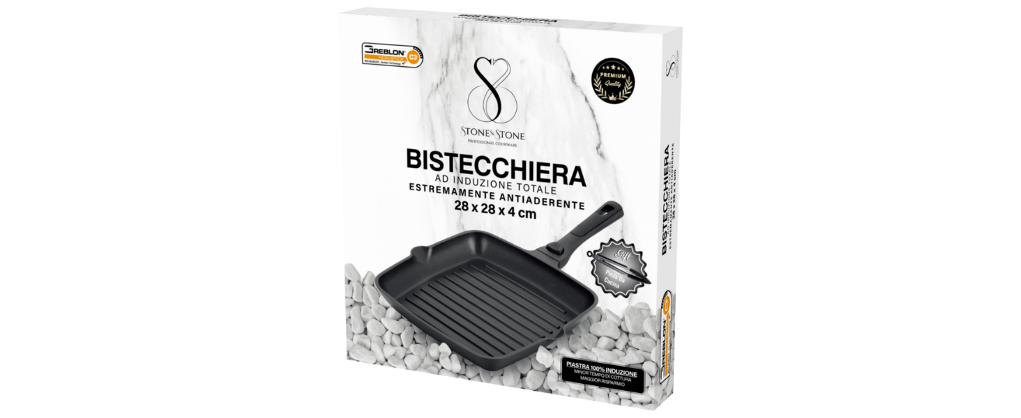 Квадратна сковорода-гриль Stone&Stone 28x28 см | Професійна сковорода для стейків | Німецьке антипригарне покриття GREBLON C3+ без PFOA | Знімна ручка | Підходить для індукційних, газових плит та духовки | Для приготування барбекю з щипцями 28 см