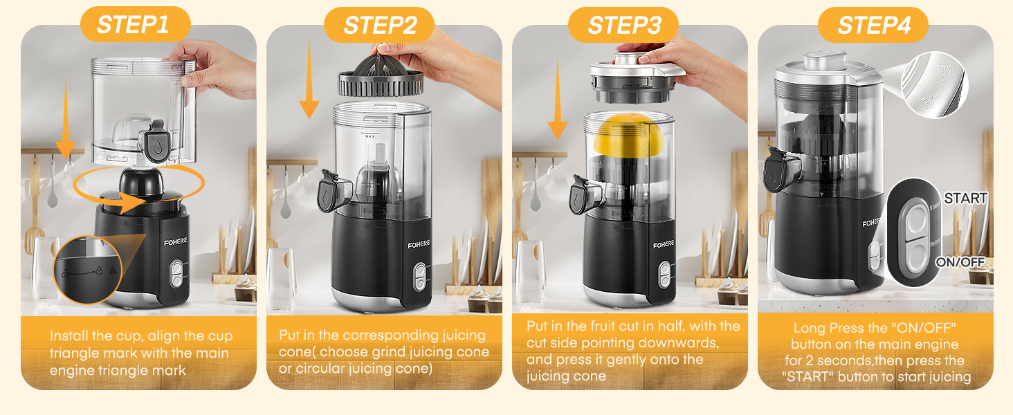 Електрична прес для цитрусових FOHERE, автоматична соковичавниця для апельсинів, грейпфрутів, лимонів, з потужним мотором 100W, без BPA, 2 конуси для різних фруктів, чорний