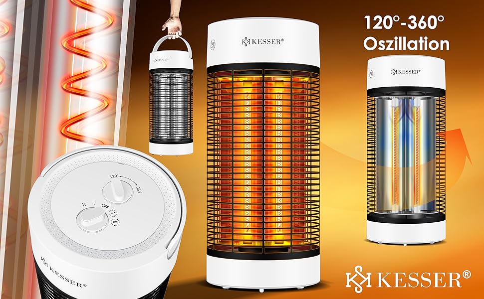 Інфрачервоний обігрівач KESSER Radiant Heater, Енергоефективний обігрівач 700 Вт Інтер'єр з коливанням на 360, Підлоговий блок, Електричний обігрівач IP55, Обігрівач для патіо (1200 Вт, білий)