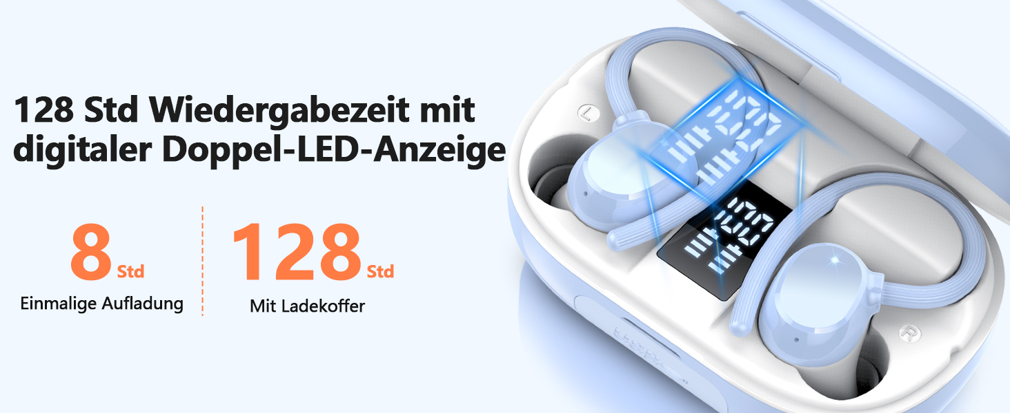 Бездротові спортивні навушники-вкладиші Bluetooth 5.3, 4 мікрофони ENC, 68 годин, IP8, LED, USB-C (світло-блакитний)