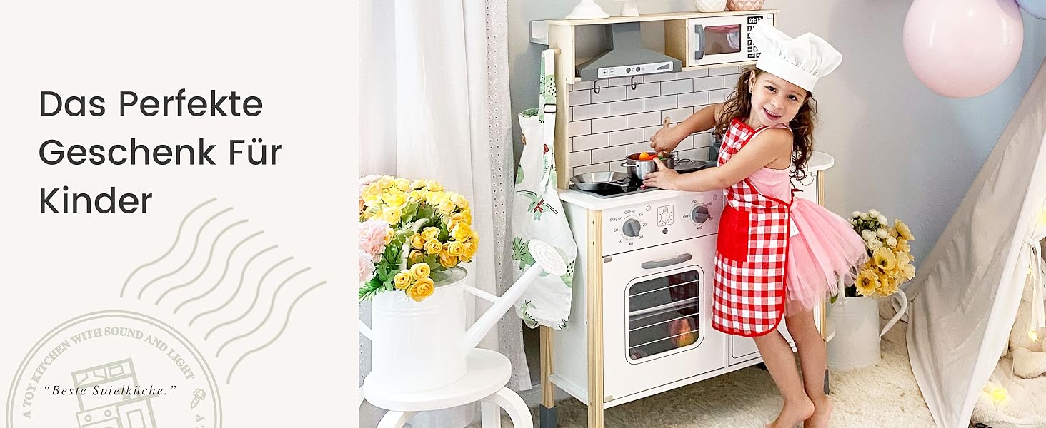 Дерев'яна дитяча кухня Tiny Land з аксесуарами: 18 предметів посуду та їжі. Іграшковий кухонний набір для дітей з підсвіткою та звуками.