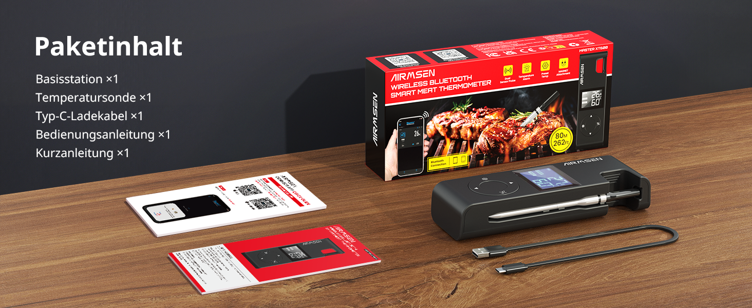 Бездротовий термометр для м'яса AIRMSEN з акумулятором 1000mAh, Bluetooth, LCD-дисплей, дальність 150м, керування через додаток, для приготування на грилі та барбекю, чорний