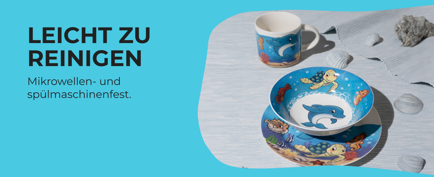 MIAMIO Набір дитячого посуду 3 шт. з порцеляни (Тарілка, Миска, Чашка) - Океан
