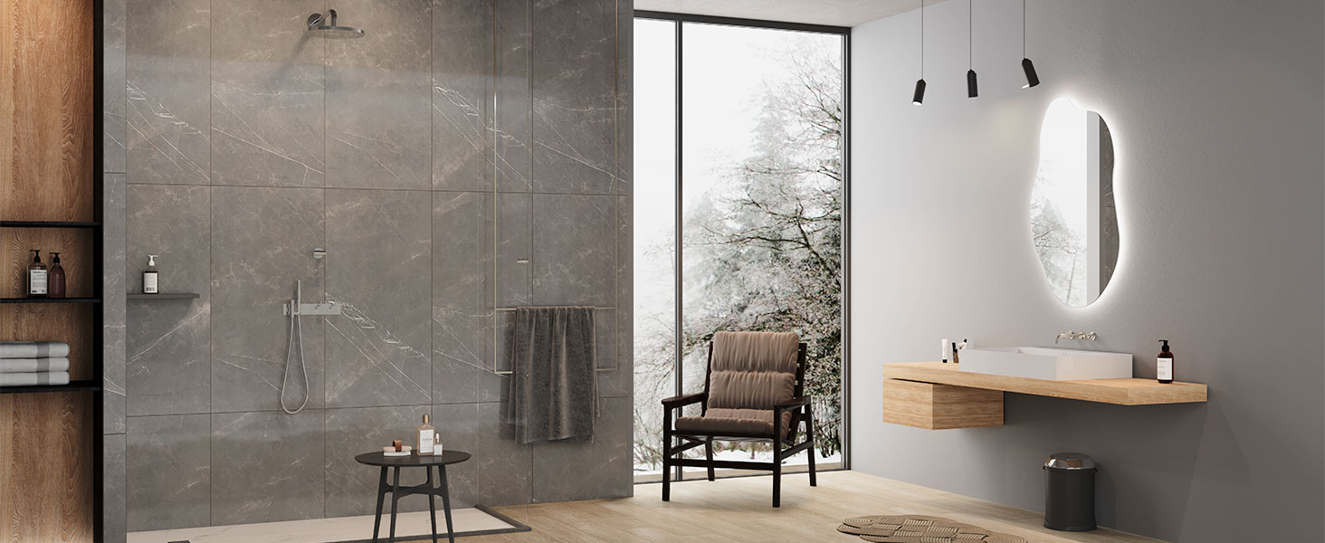 Дзеркало для ванної кімнати Dripex LED з підсвічуванням, сенсорне керування, регулювання яскравості, 3 кольори світла, без запотівання, асиметричне, 85x52 см