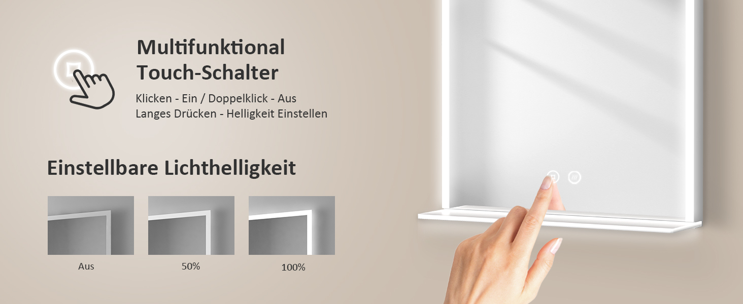 Дзеркало для ванної кімнати EMKE з підсвічуванням 80x60 см, з полицею, антизапар, регульоване холодне біле світло 6500K, сенсорне управління, функція пам'яті