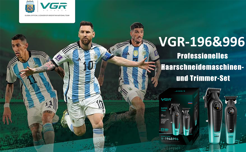 VGR 196 & 996 Професійний набір машинок для стрижки волосся бездротовий, з керамічними титановими лезами, LED-дисплеєм, 10 насадками та гребінцем, зелений