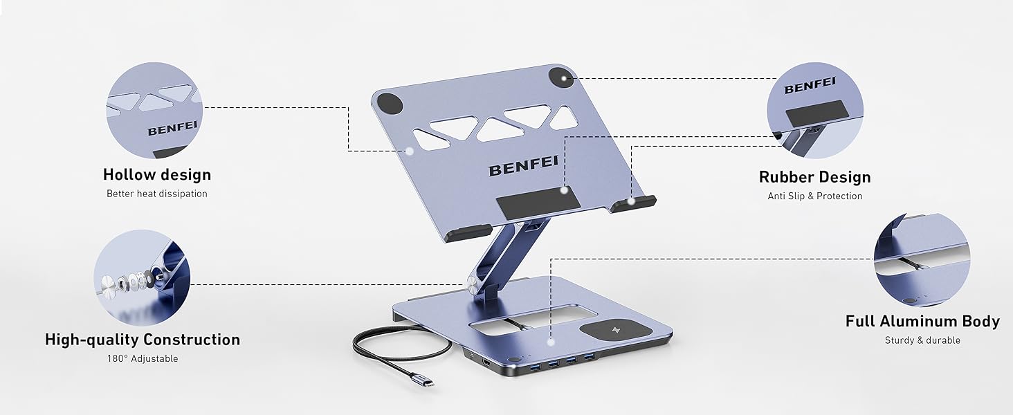 Підставка для ноутбука BENFEI з алюмінію з USB-C док-станцією 6в1, 15W Mag-Safe зарядкою, USB 3.0 KVM Switch, HDMI 4K@60Hz, 4*USB3.0, 100W PD для MacBook Pro/Air iPad Pro XPS Thinkpad