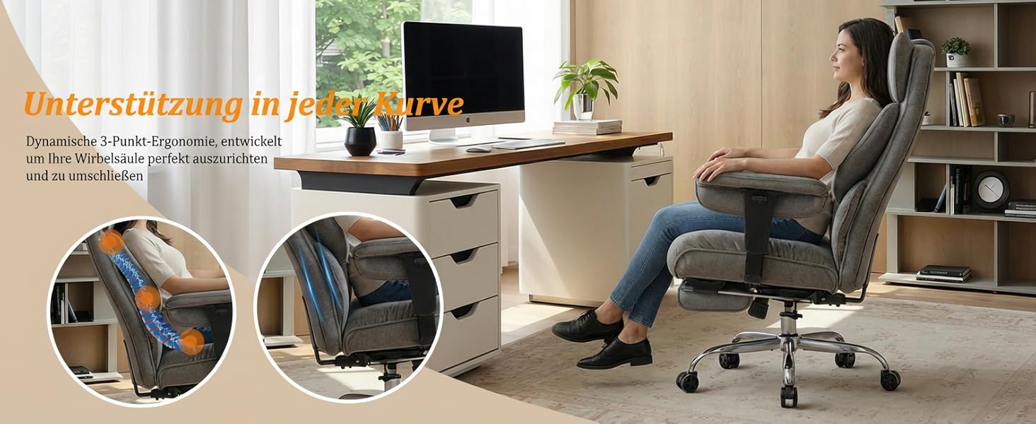 Ергономічний офісний крісло Efomao XXL до 200 кг з підставкою для ніг, чорний. Крісло для дому та офісу з товстою подушкою та високою спинкою.