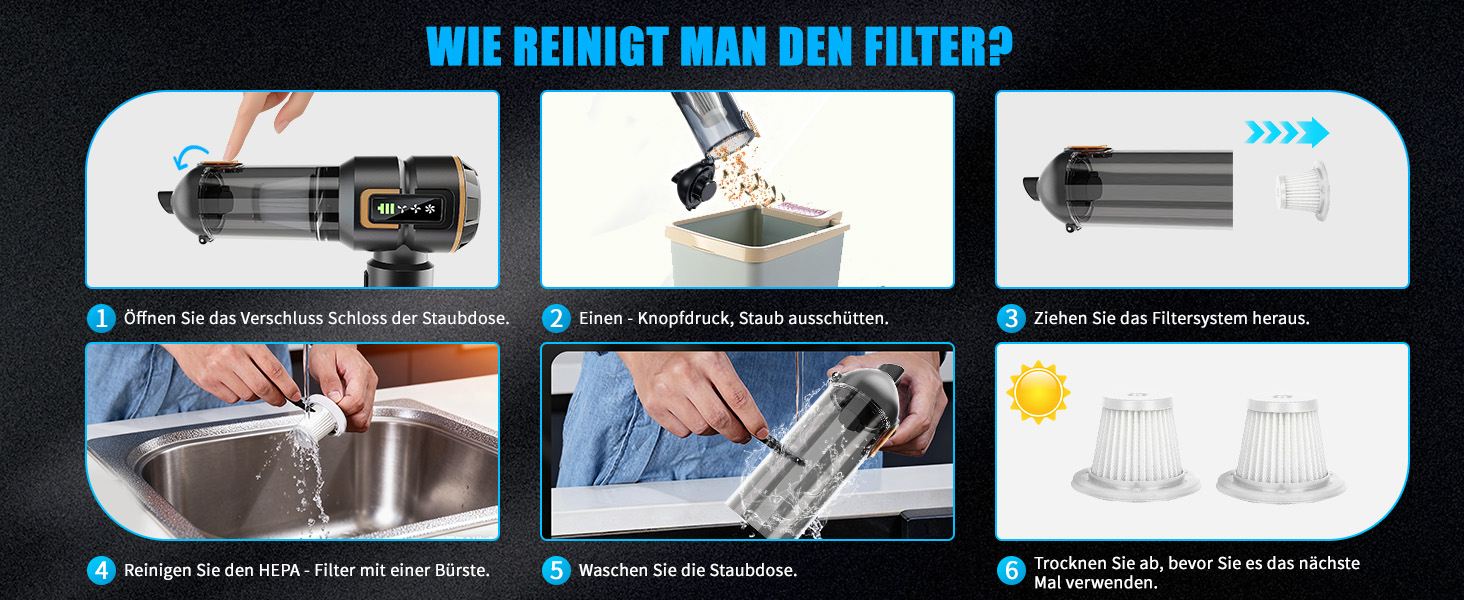 Акумуляторний ручний пилосмок для авто та дому 23000Па, міні-пилосмок з функцією продувки та насоса, 6000mAh, чорно-золотий