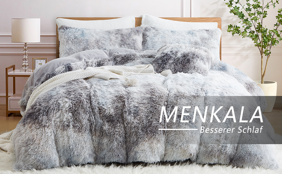 Комплект постільної білизни Menkala Plush 135x200, пухнастий, 2 предмети, сірий/білий, в т.ч. наволочки 80x80