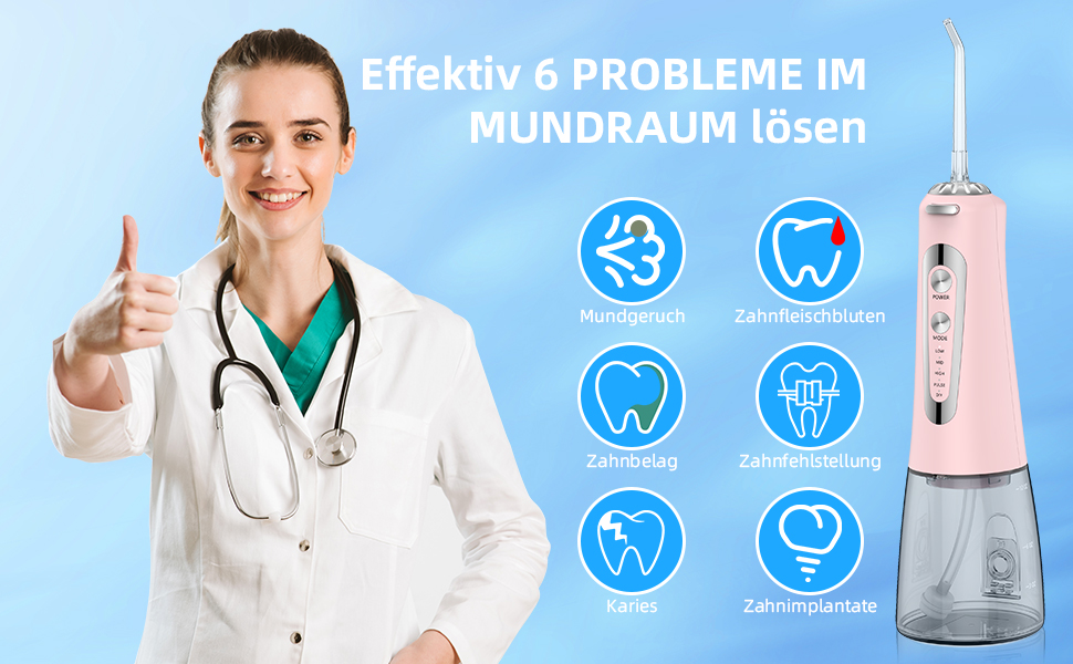 Електрична ірigator для порожнини рота Munddusche з 5 режимами, 300 мл, 6 насадок, рожевий