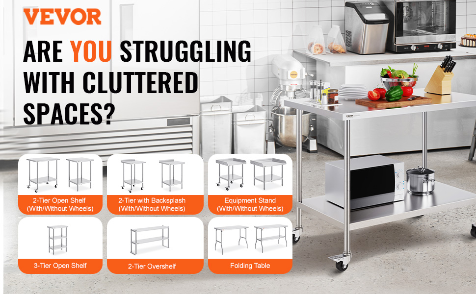 Стол з нержавіючої сталі VEVOR 90x60x85 см, з 4 колесами, регульована висота, для приготування їжі, срібний