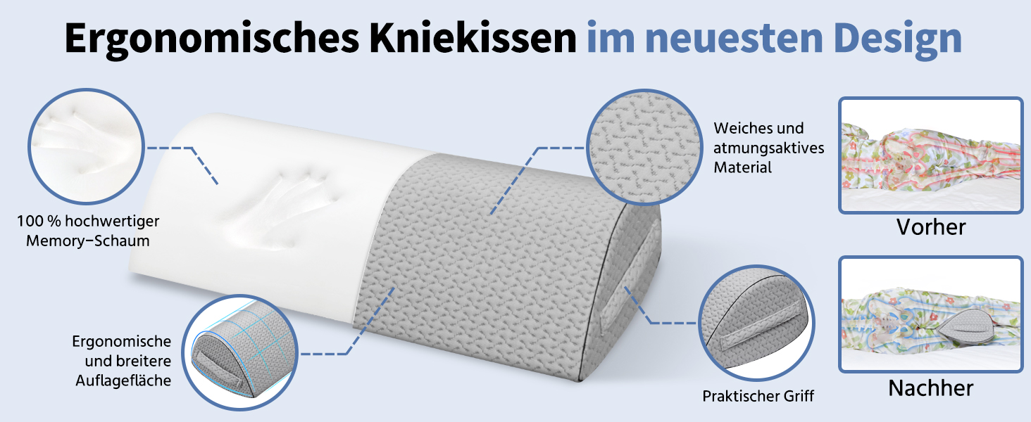 Подушка для сну на боку Pozico: ортопедична подушка з піни Memory Foam для ніг, колін, стегон та спини, знімний чохол, сіра