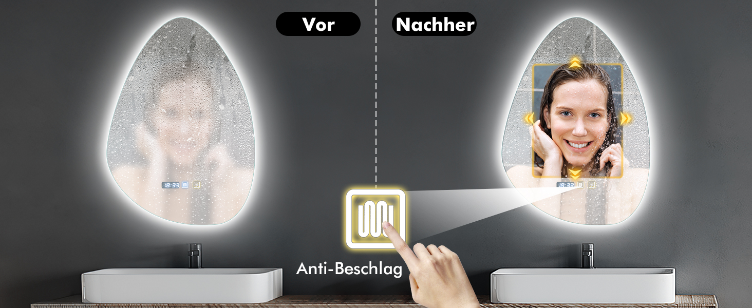 Круглий дзеркало для ванної кімнати з підсвічуванням, 60 см, антизапар, LED, Bluetooth, сенсорне управління, 3000K-4000K-6500K, регулювання яскравості, HD-загартоване скло, дзеркало для ванної кімнати з підсвічуванням (500x700 мм, краплеподібної форми)