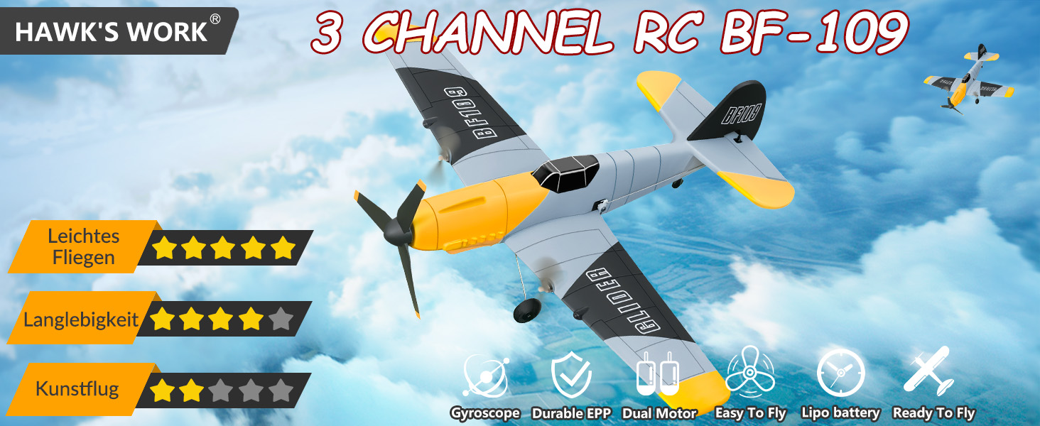 Літак на радіокеруванні HAWK'S WORK P-51D Mustang 2.4GHz, 6-осьовий гіростабілізатор, готовий до польоту, для дітей та початківців (сірий)