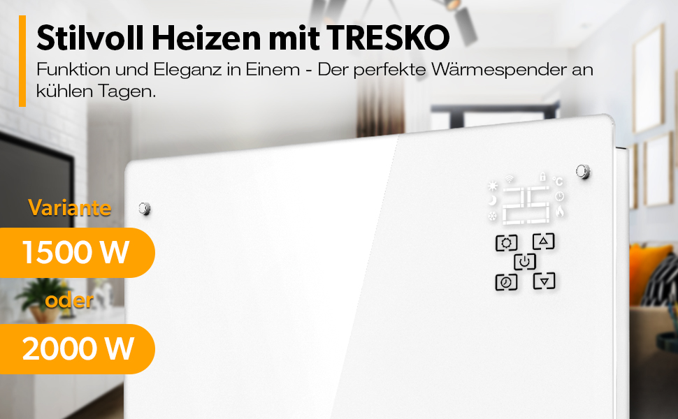 Додаток для скляного конвектора TRESKO Функція WiFi Електричний обігрівач скла з підігрівом Конвекторний обігрівач Радіатор Світлодіодний дисплей і таймер Електричний радіатор паркувальний або настінний обігрівач (1500 Вт, білий / 1500 Вт)