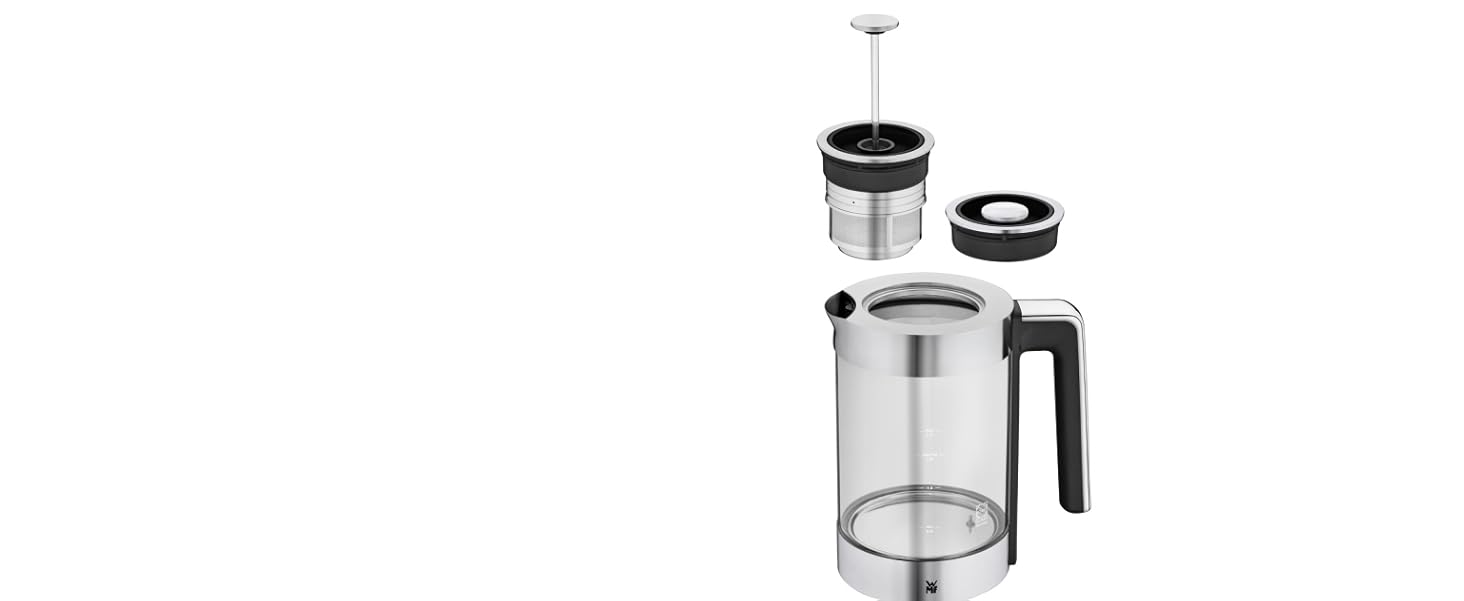 Електричний чайник WMF Lono Silk 1.6 л з нержавіючої сталі, з фільтром від накипу, бездротовий, з поворотним підставою, антифнгер, відкривання однією рукою, зовнішній індикатор рівня води (1.4л - 1.7л)