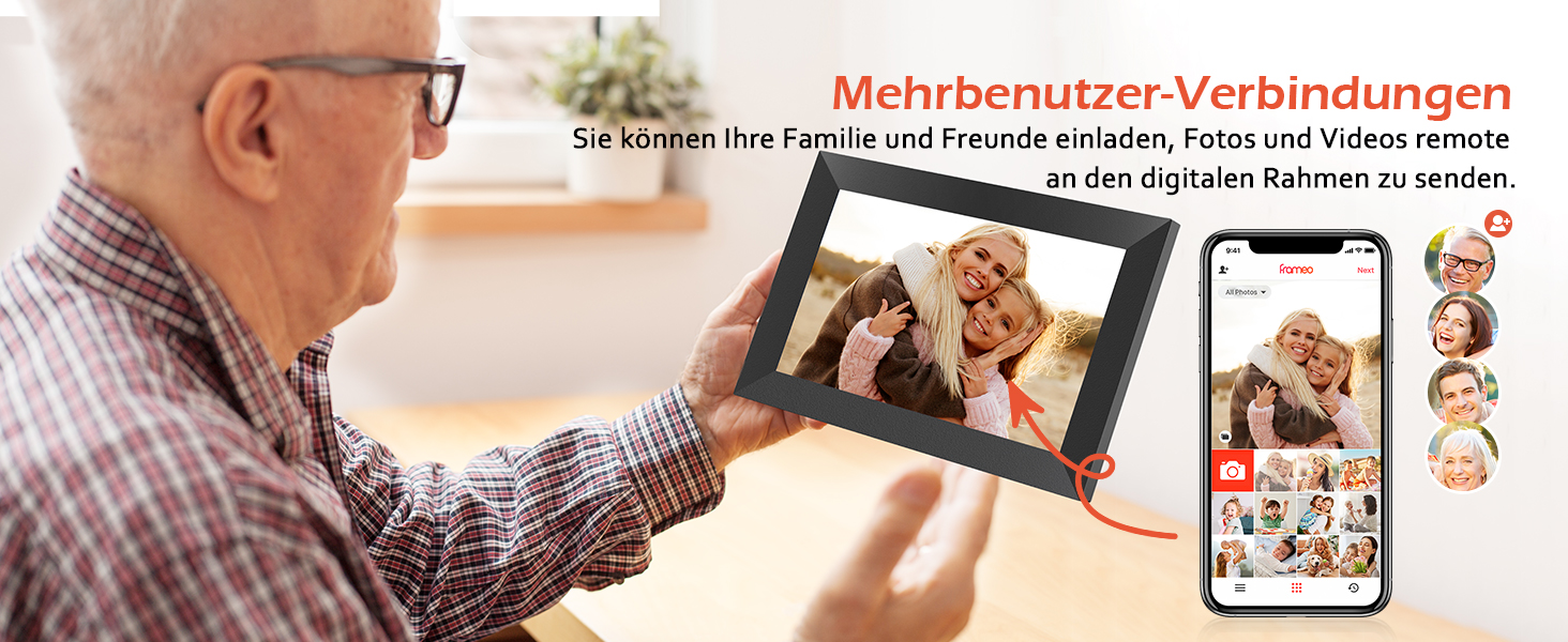 Цифровий фоторамка Frameo 10.1 дюйма WiFi, IPS сенсорний екран, 32GB, автоматичне обертання, для стін, миттєва відправка фотографій