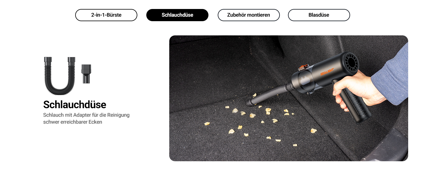 Акумуляторний ручний пилосмик SEALIGHT 32000Па, бездротовий автомобільний міні-пилосос 4-в-1 з безщітковим двигуном для шерсті тварин, авто та дому, темно-сірий матовий чорний