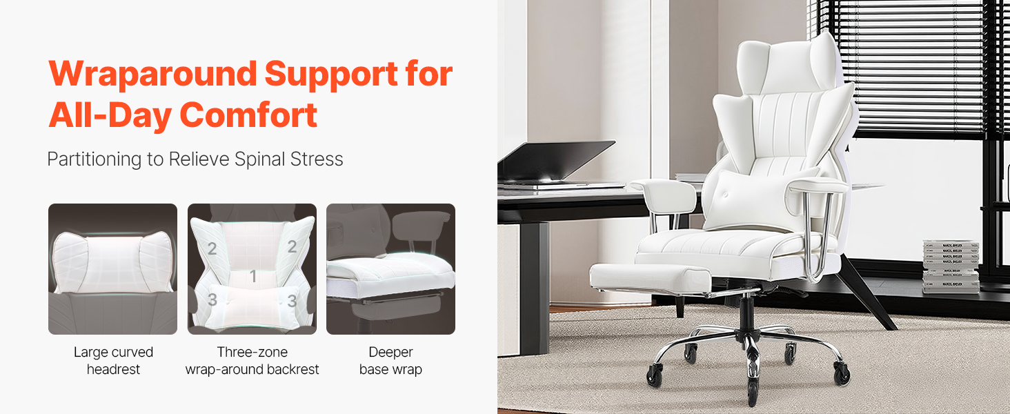 Крісло офісне VEVOR з PU шкірою, біле, для начальника з підніжкою, регульоване по висоті, до 181,43 кг, 860 x 610 мм, поворотне