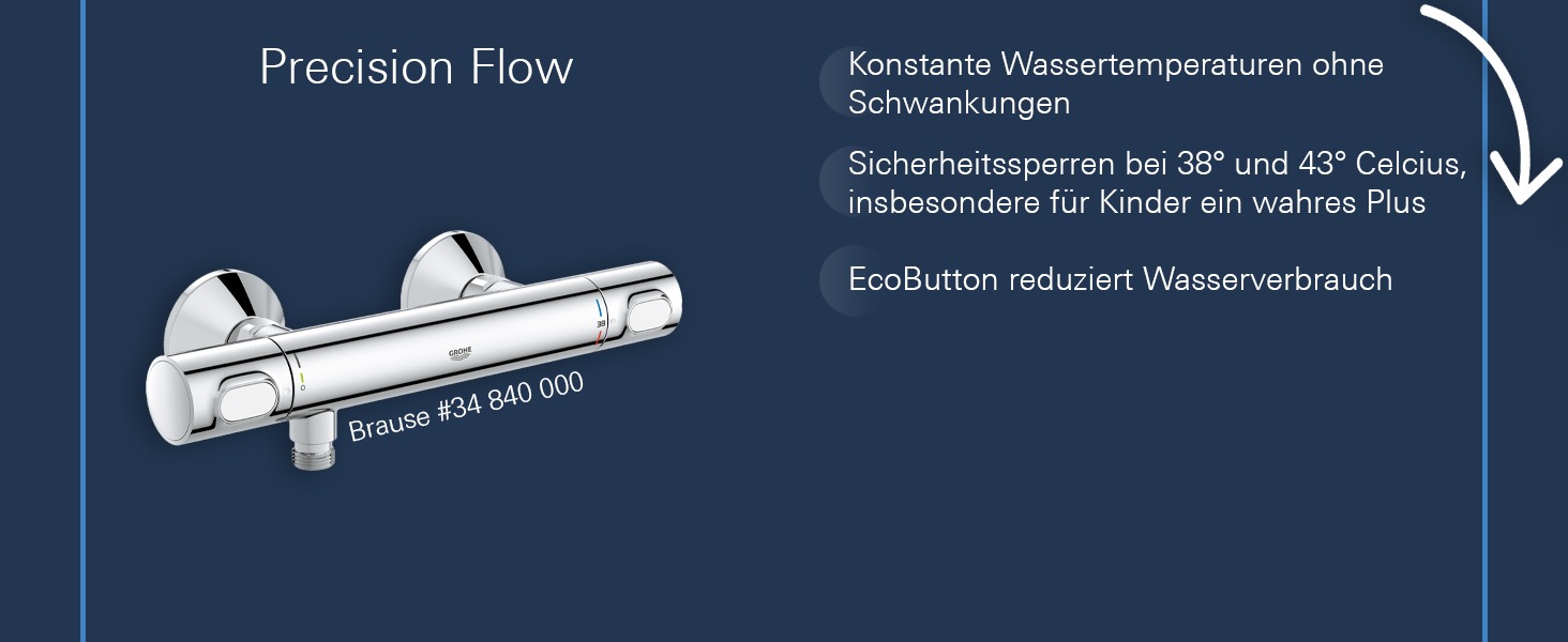 Змішувач для ванни Grohe Precision Feel з термостатом, водозберігаючий, хром, 34788000 Chrome Feel (безпека для дітей, запобіжник 38°C, антиковзні ручки)