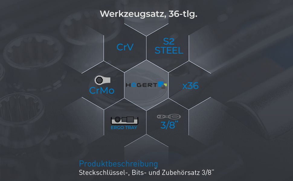 Набір інструментів Högert Technik 38 предметів: валіза з інструментами, тріскачковий набір, набір торцевих головок, біти 1/4
