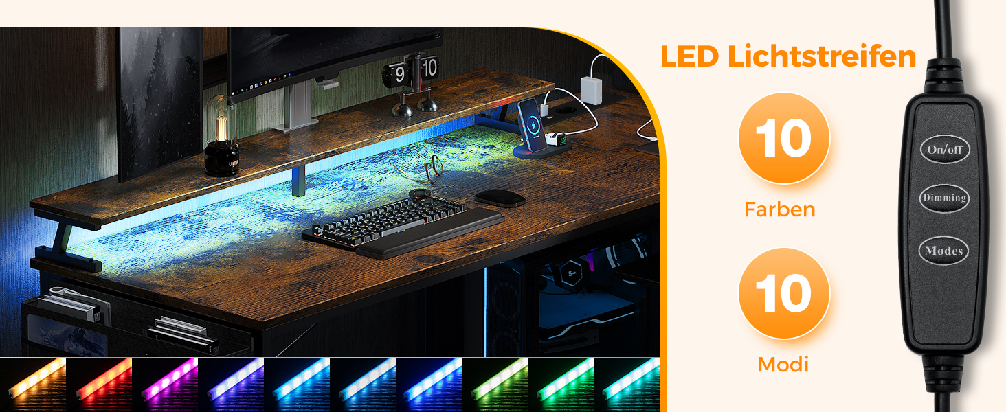 Ігровий стіл Coleshome L-подібний з LED-підсвіткою та розетками, 120x80 см, кутовий комп'ютерний стіл з полицею та підставкою для монітора, для офісу та домашнього кабінету, коричневий